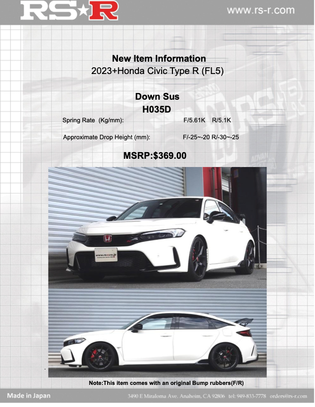 RSR Releases Civic Type R (FL5) Down Sus Springs Part Number: H035D