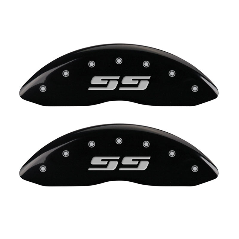MGP Front set 2 Caliper Covers Engraved Front Silverado style/SS Black finish silver ch 14238FSS3BK 14238FSS3BK Photo - Primary