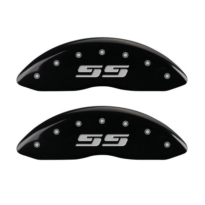 MGP Front set 2 Caliper Covers Engraved Front Silverado style/SS Black finish silver ch 14238FSS3BK 14238FSS3BK Photo - Primary