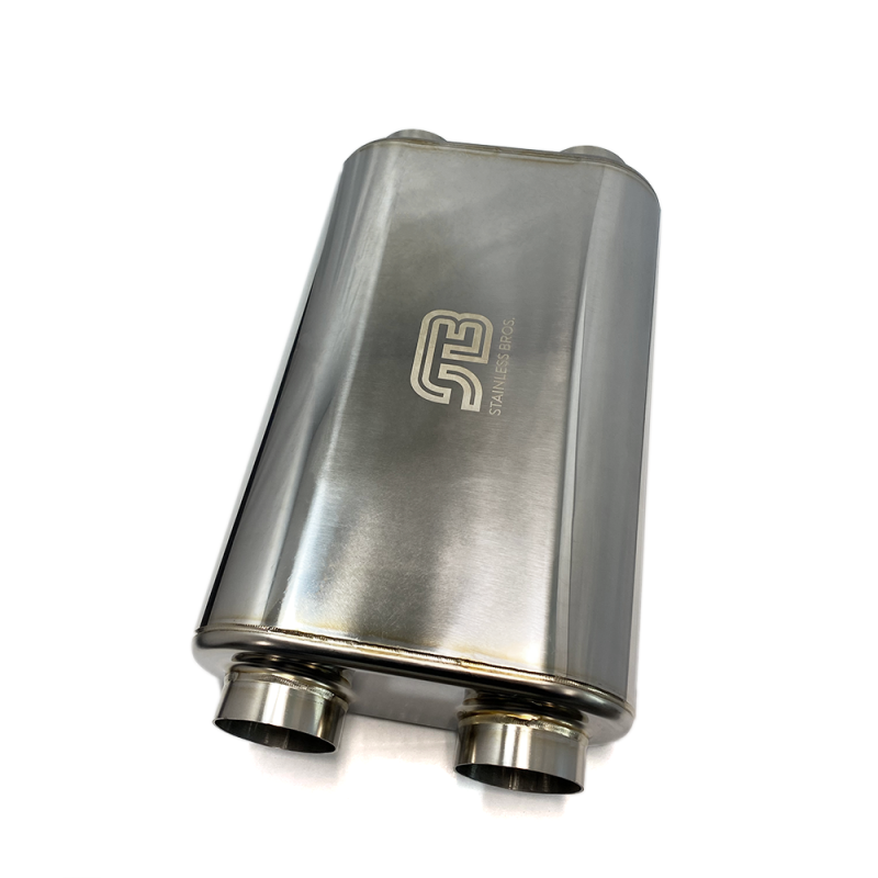 Stainless Bros 17in OAL 2.5in Oval SS304 Polished Finish Muffler - 2.5in Center In/Dual Out 616-06323-2120