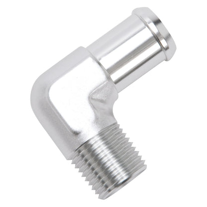 Edelbrock Hose End, 90-deg., 1/2" NPT to 3/4" Barb, Clear Anodize 8166 Photo - Unmounted