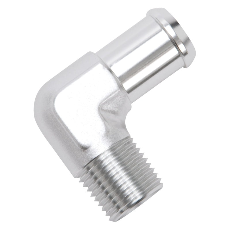 Edelbrock Hose End, 90-deg., 1/2" NPT to 3/4" Barb, Clear Anodize 8166 Photo - Unmounted