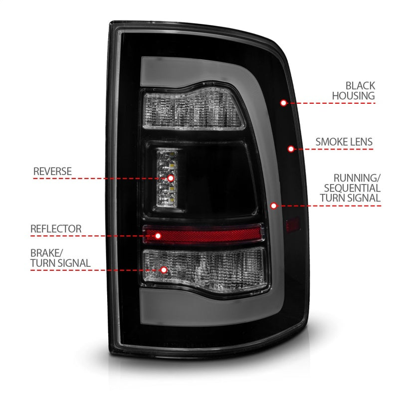ANZO 09-18 Dodge Ram 1500 Sequential LED Taillights Smoke Black w/Switchback Amber Signal 311472 311472 Photo - Unmounted