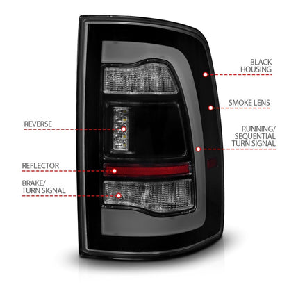 ANZO 09-18 Dodge Ram 1500 Sequential LED Taillights Smoke Black w/Switchback Amber Signal 311472 311472 Photo - Unmounted