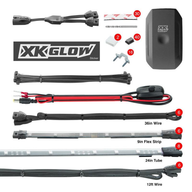 XKGLOW XK Glow New Style Strips XKchrome Car Kit w/ Dual-Mode Mount Controller 8x24In Tubes + 6x10In KS-Car-Advance-DM