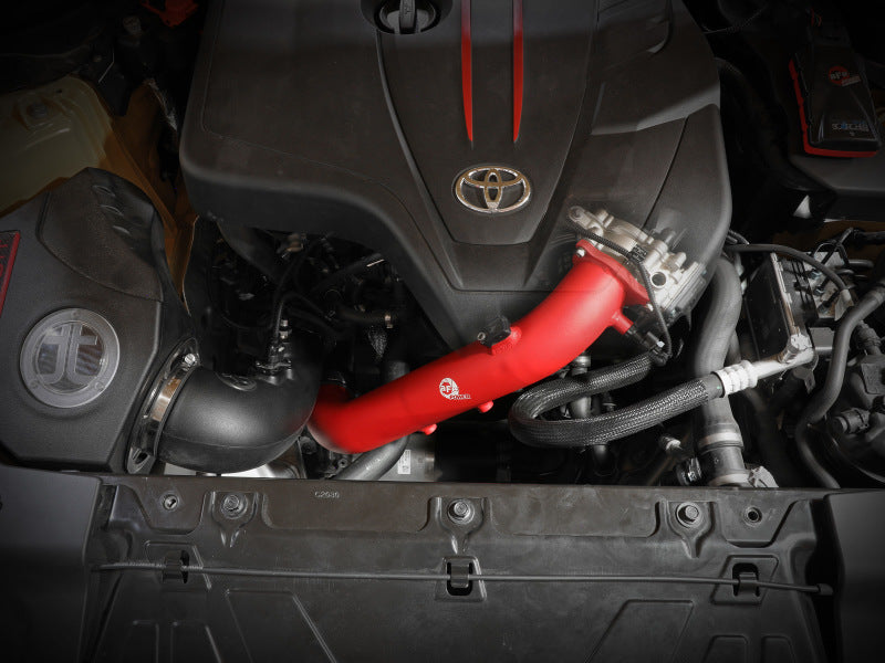 aFe BladeRunner Red 2-3/4in Aluminum Charge Pipe 2021 Toyota Supra GR (A90) I4-2.0L (t) B48 46-20488-R 46-20488-R Photo - Mounted