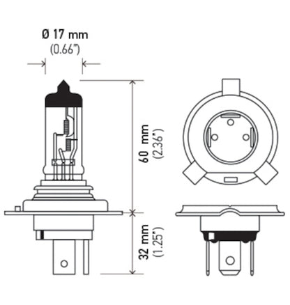 Hella Halogen H4 24V 100/90W P43t T4.625 Bulb H4 24V 100/90W H4 24V 100/90W Technical Drawing