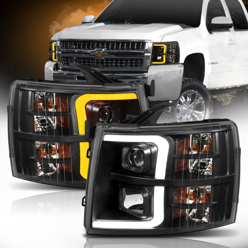 ANZO 07-13 Chevrolet Silverado 1500 Plank Style Projector Headlights Black w/ Amber 111410 111410 Photo - Primary