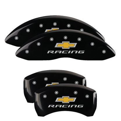 MGP 4 Caliper Covers Engraved Front & Rear Chevy racing Black finish silver ch 14231SBRCBK 14231SBRCBK Photo - Primary