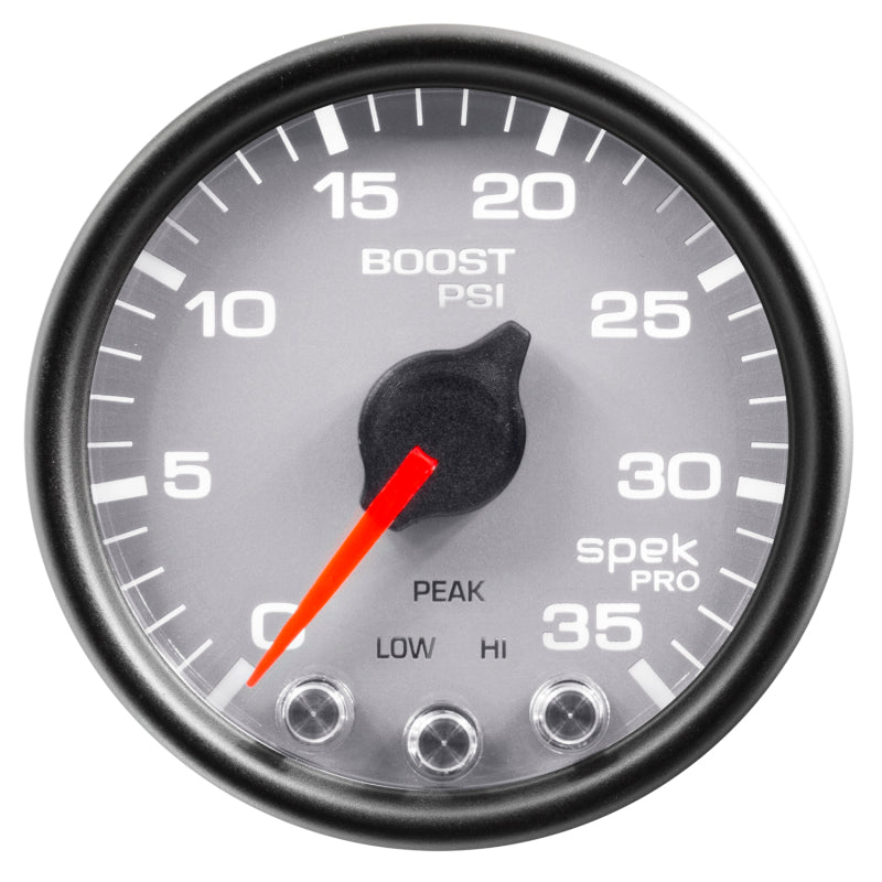 AutoMeter Gauge Boost 2-1/16in. 35PSI Stepper Motor W/Peak & Warn Silver/Blk Spek-Pro P30322