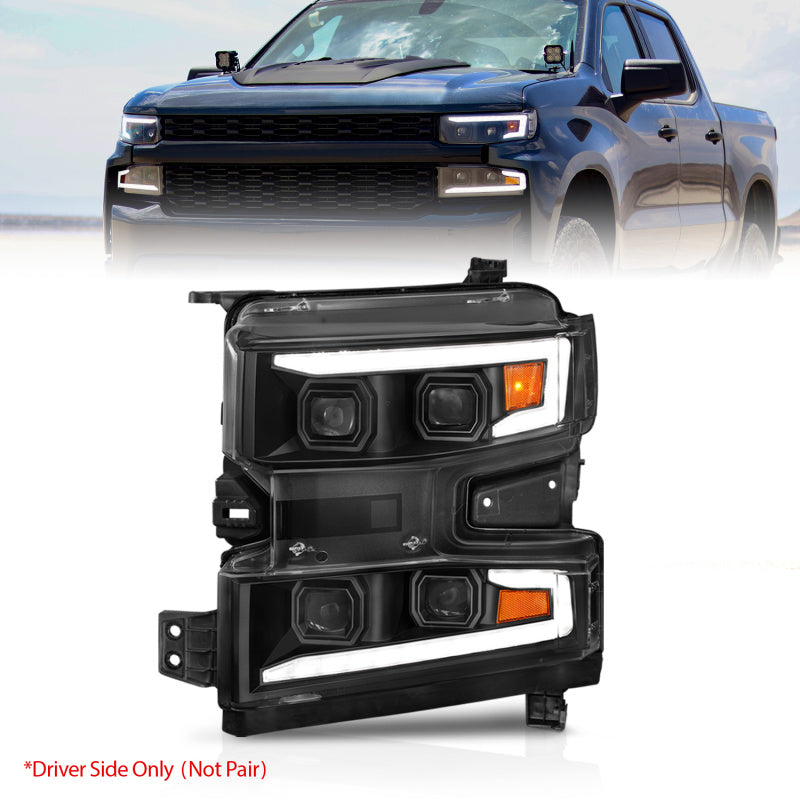 ANZO 19-22 Chevrolet Silverado 1500 LED Proj HL w/Lgt Bar SwBk Seq. Blk w/In. Light - Driver Side ON 111566-L 111566-L Photo - Primary