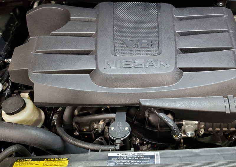 J&L 16-22 Nissan Titan 5.6L Passenger Side Oil Separator 3.0 - Black Anodized 3108P-B 3108P-B Photo - Mounted