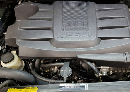 J&L 16-22 Nissan Titan 5.6L Passenger Side Oil Separator 3.0 - Black Anodized 3108P-B 3108P-B Photo - Mounted