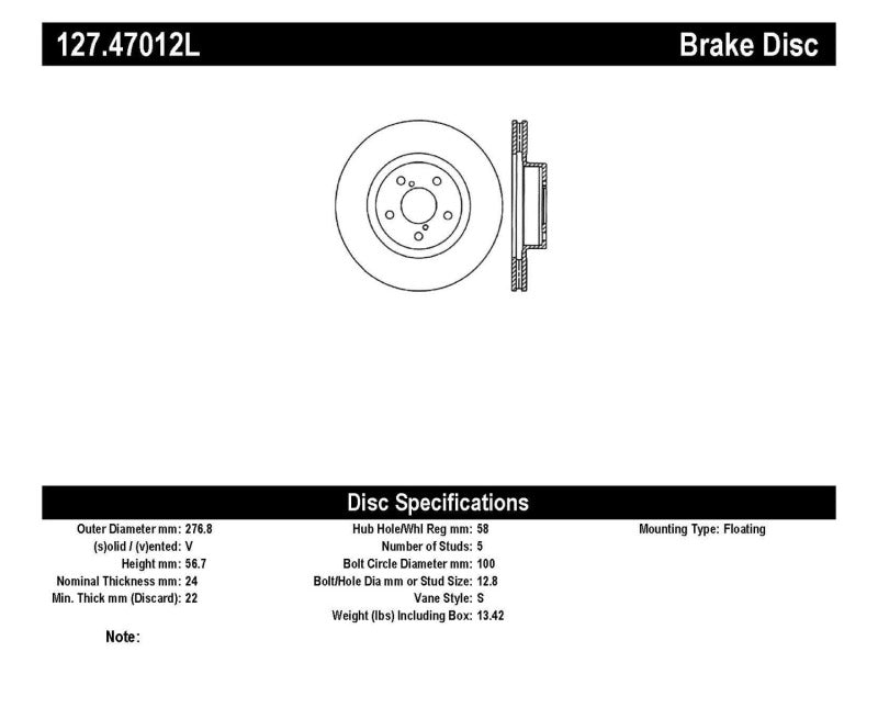 StopTech Disc Brake Rotor 127.47012L 127.47012L Catalog