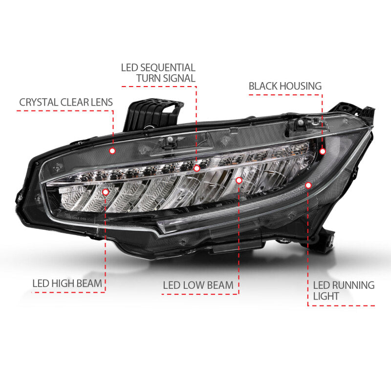 ANZO 16-17 Honda Civic Projector Headlights Plank Style Black w/Amber/Sequential Turn Signal 121527 121527 Photo - out of package