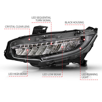 ANZO 16-17 Honda Civic Projector Headlights Plank Style Black w/Amber/Sequential Turn Signal 121527 121527 Photo - out of package