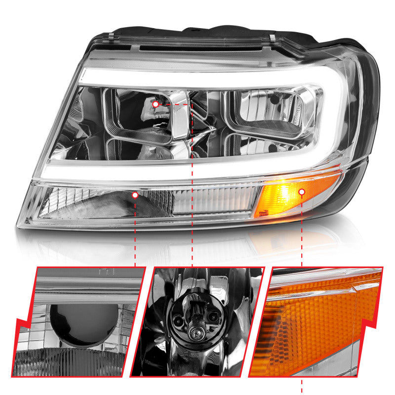 ANZO 1999-2004 Jeep Grand Cherokee Crystal Headlights w/ Light Bar Chrome Housing 111538 111538 Photo - Unmounted