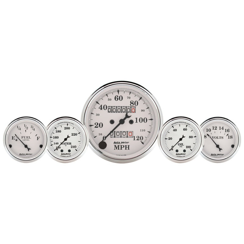 AutoMeter Gauge Kit 5 Pc. 3-1/8in. & 2-1/16in. Mech. Speedo. Wtmp & Oilp Old Tyme Wht 1611