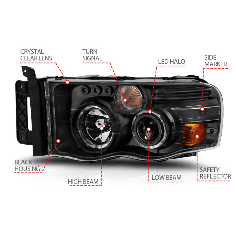 ANZO 2002-2005 Dodge Ram 1500 Projector Headlights w/ Halo Black Clear Amber 111490 111490 Photo - Unmounted