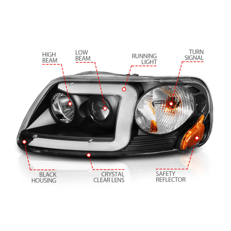 ANZO 1997-2003 Ford F-150 Projector Headlights w/ Light Bar Black Housing 111503 111503 Photo - Unmounted