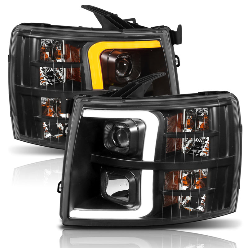 ANZO 07-13 Chevrolet Silverado 1500 Plank Style Projector Headlights Black w/ Amber 111410 111410 Photo - Close Up