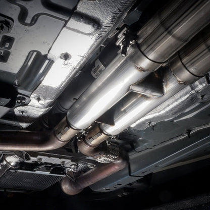Stainless Works 2018+ Ford Mustang GT 3in Redline Series Catback H-Pipe w/Active Valves & Quad Tips M18CBHFCV M18CBHFCV Photo - Mounted
