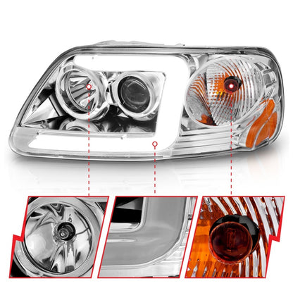 ANZO 1997-2003 Ford F-150 Projector Headlights w/ Light Bar Chrome Housing 111504 111504 Photo - Unmounted