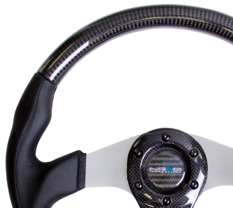NRG Carbon Fiber Steering Wheel (350mm) Silver Oval Shape w/Leather Trim ST-013CFSL ST-013CFSL Photo - Primary