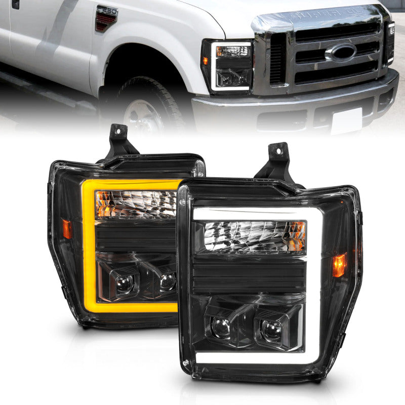 ANZO 08-10 Ford F-250 - F-550 Super Duty Projector Headlights w/ Light Bar Switchback Black Housing 111586 111586 Photo - Primary