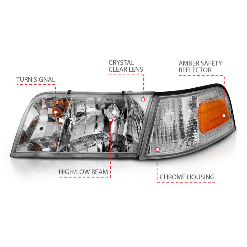 ANZO 1998-2005 Ford Crown Victoria Crystal Headlight Chrome With Bumper Light (OE) 121556 121556 Photo - Unmounted