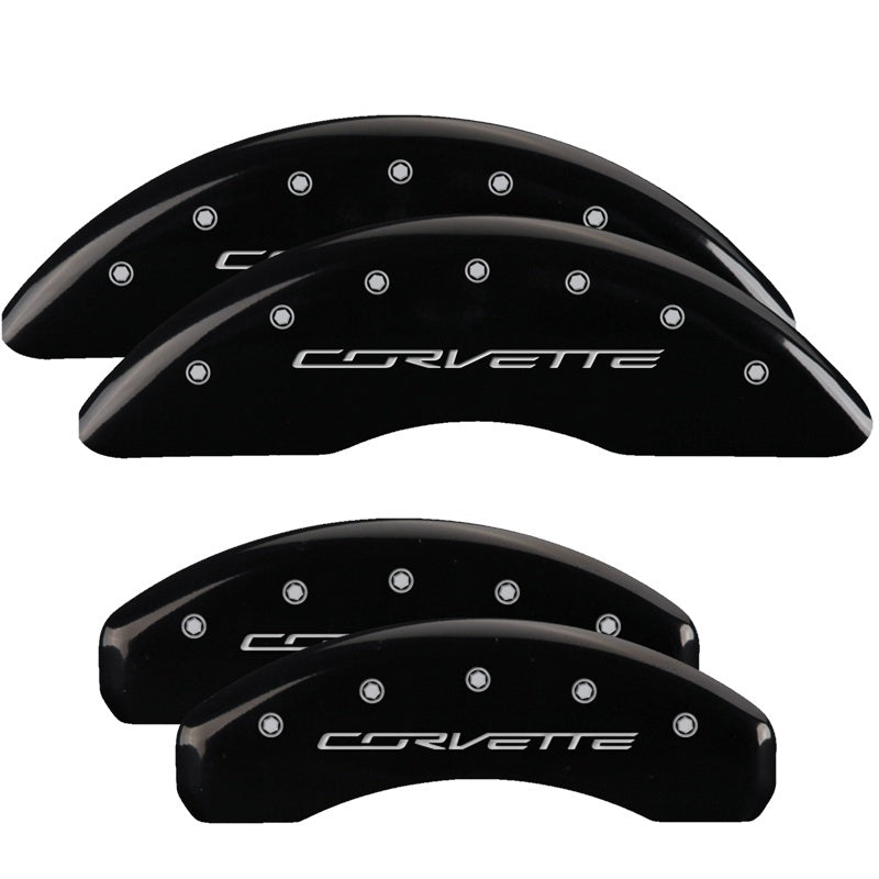 MGP 4 Caliper Covers Engraved Front & Rear C7/Corvette Black finish silver ch 13084SCV7BK 13084SCV7BK Photo - Primary