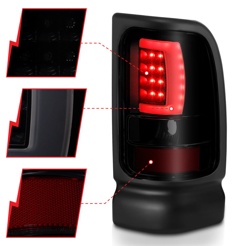 ANZO 1994-2001 Dodge Ram 1500 LED Taillights Plank Style Black w/Smoke Lens 311340 311340 Photo - Unmounted