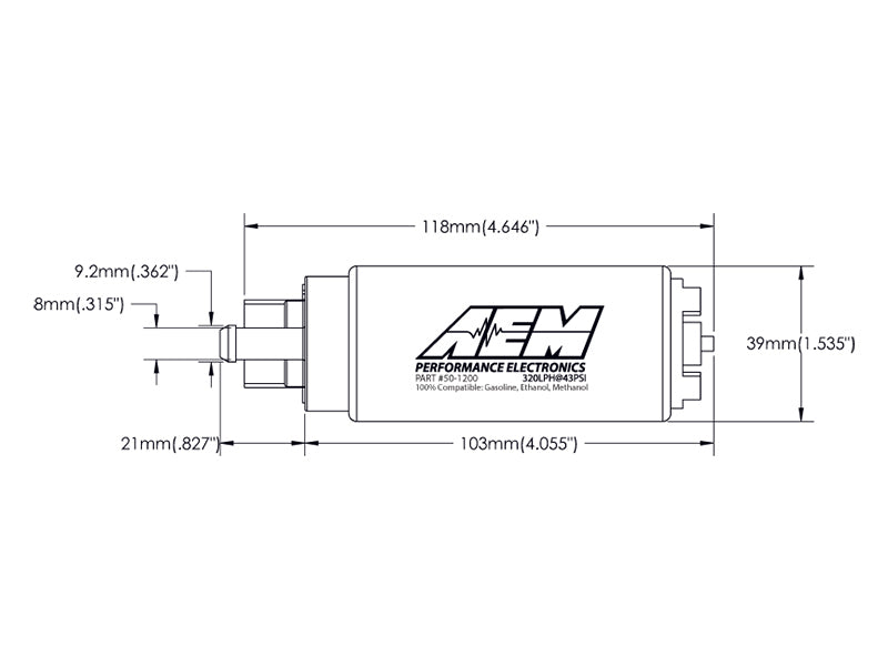 AEM Electronics Ethanol & Methanol Capable High Flow In-Tank Fuel Pump 50-1200 Technical Drawing