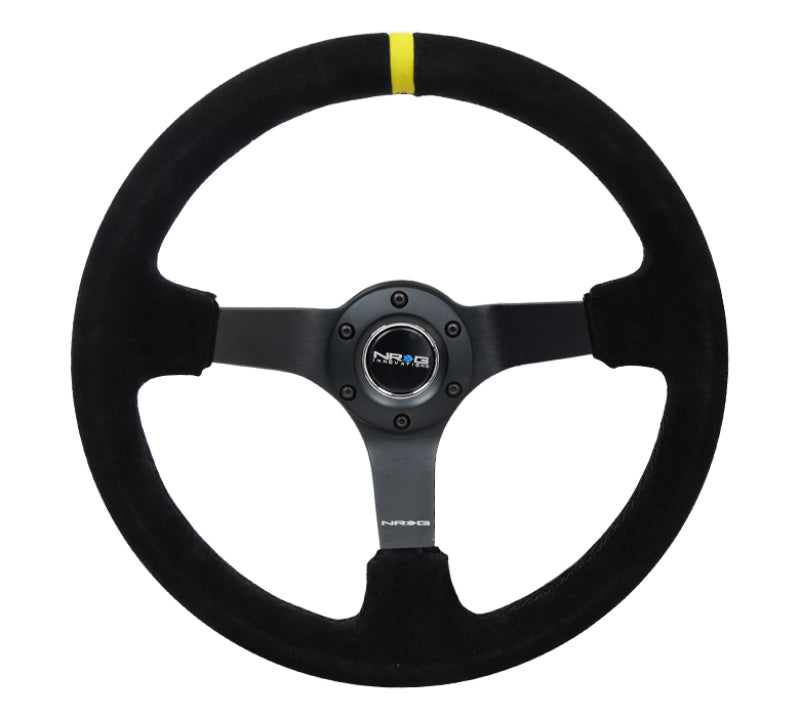 NRG Reinforced Steering Wheel (350mm / 3in. Deep) Blk Suede/X-Stitch w/5mm Blk Spoke & Yellow CM RST-036MB-S-Y RST-036MB-S-Y Photo - Primary