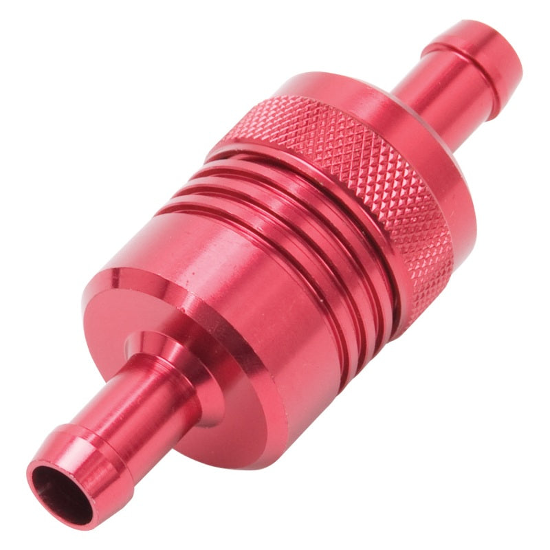 Edelbrock FUEL FILTER, ALUMINUM, 3" X 01/ 1/8", 3/8" INLET/OUTLET, RED 8139 Photo - Unmounted