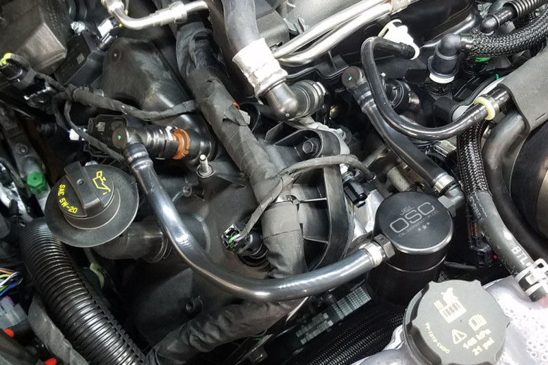 J&L 2018-2022 Ford Mustang GT Passenger Side Oil Separator 3.0 - Black Anodized 3024P-B 3024P-B Photo - Mounted