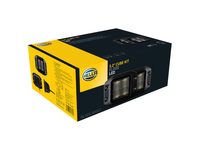 Hella Universal Black Magic 3.2in L.E.D. Cube Kit - Flood Beam (Flush Mount) 358176831 358176831 Photo - in package