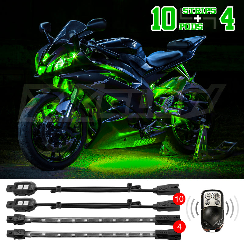 XKGLOW XK Glow Strips Single Color XKGLOW LED Accent Light Motorcycle Kit Green - 10xPod + 4x8In XK034002-G