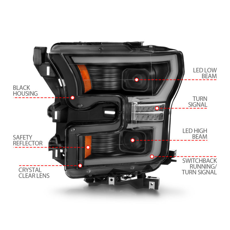 ANZO 15-17 Ford F-150 LED Projector Headlights - w/ Light Bar Switchback Black Housing 111547 111547 Photo - Unmounted