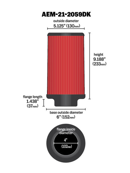 AEM Induction AEM 4 inch x 9 inch Dryflow Element Filter Replacement 21-2059DK 21-2059DK Technical Drawing