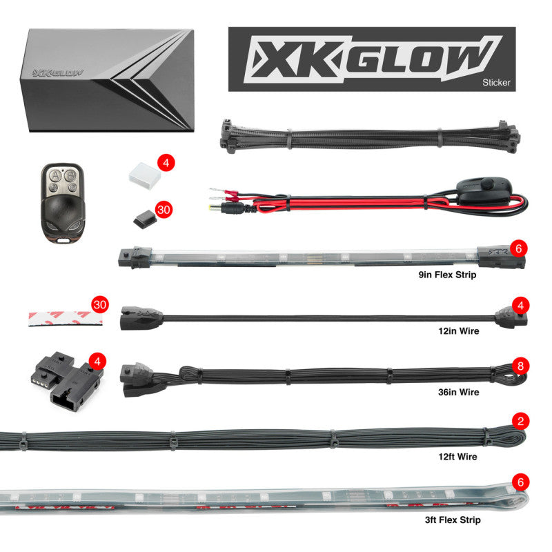 XKGLOW XK Glow Flex Strips 2 Million Color XKGLOW LED Accent Light Marine/Boat Kit 6x36In Strips + 6x 10In XK074012