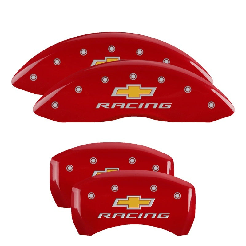 MGP 4 Caliper Covers Engraved Front & Rear Chevy racing Red finish silver ch 14231SBRCRD 14231SBRCRD Photo - Primary