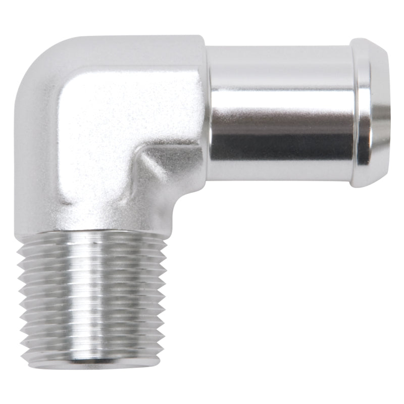 Edelbrock Hose End, 90-deg., 1/2" NPT to 3/4" Barb, Clear Anodize 8166 Photo - Primary
