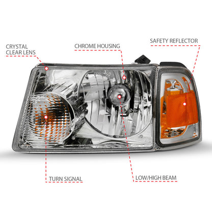 ANZO 2001-2011 Ford Ranger Crystal Headlight Chrome w/Corner Lights (OE Replacement) 111484 111484 Photo - Unmounted