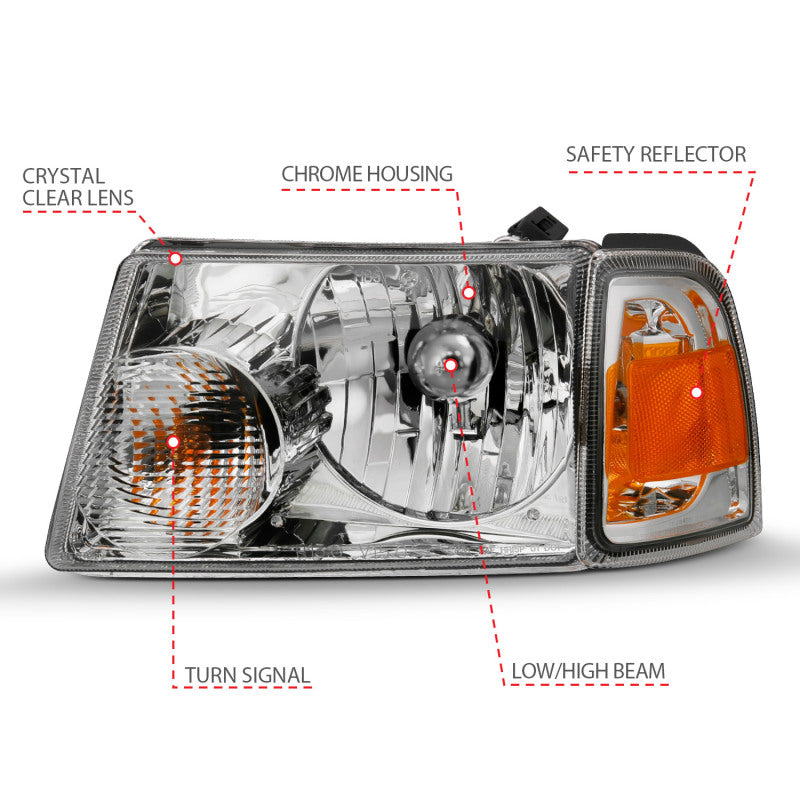 ANZO 2001-2011 Ford Ranger Crystal Headlight Chrome w/Corner Lights (OE Replacement) 111484 111484 Photo - Unmounted