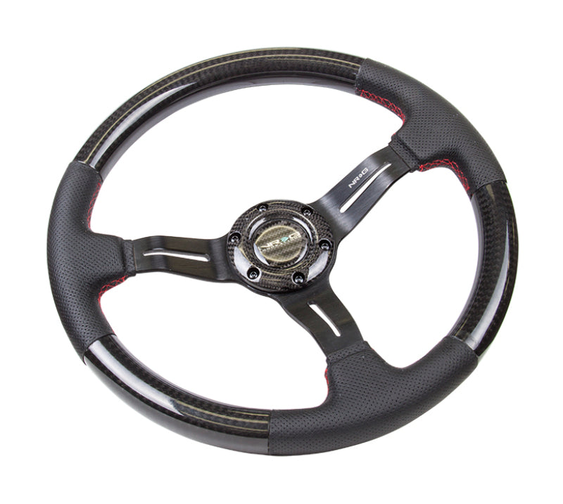 NRG Carbon Fiber Steering Wheel (350mm /1.5in. Deep) Leather Trim w/Red Stitch & Slit Cutout Spokes ST-010CFRS ST-010CFRS Photo - Primary