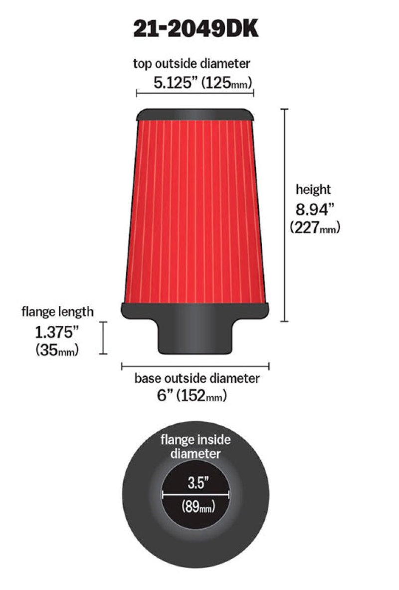 AEM Induction AEM 3.5 inch Short Neck 9 inch Element Filter Replacement 21-2049DK 21-2049DK Technical Drawing
