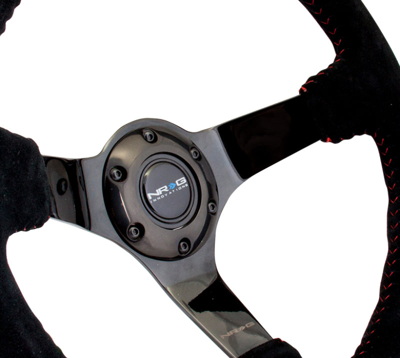 NRG Reinforced Steering Wheel (350mm / 3in. Deep) Blk Suede w/Red BBall Stitch & Black 3-Spoke RST-036BK-S RST-036BK-S Photo - Primary