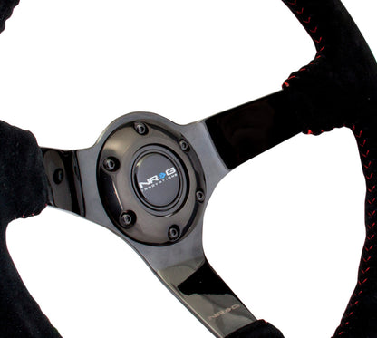 NRG Reinforced Steering Wheel (350mm / 3in. Deep) Blk Suede w/Red BBall Stitch & Black 3-Spoke RST-036BK-S RST-036BK-S Photo - Primary