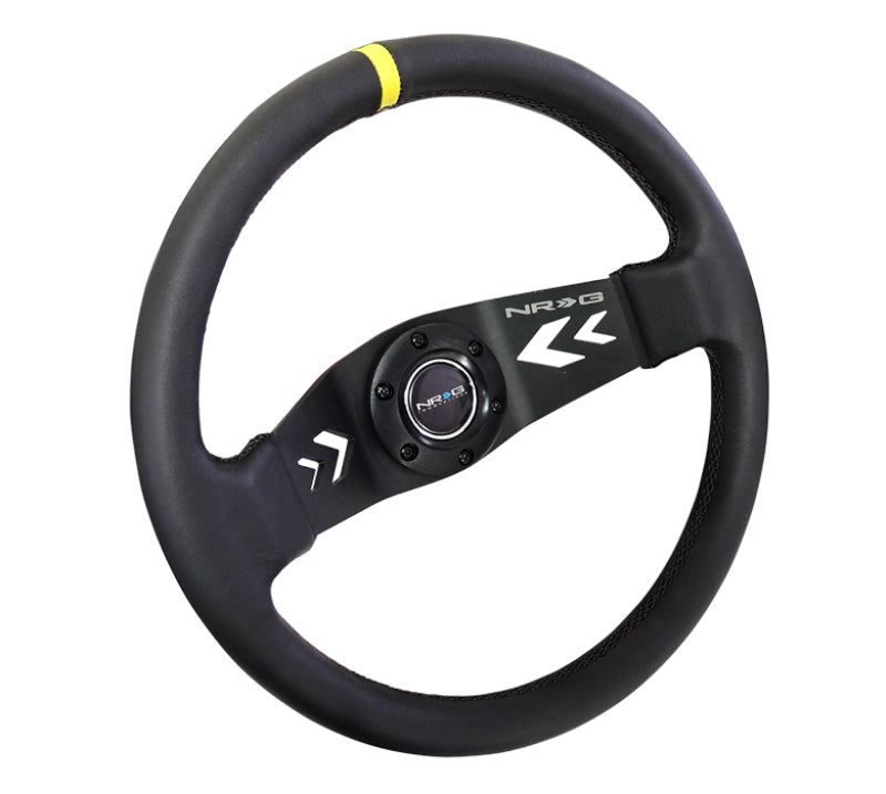 NRG Reinforced Steering Wheel (350mm / 3in Deep) Blk Leather w/NRG Arrow-Cut 2-Spoke & Sgl Yellow CM RST-022R-Y RST-022R-Y Photo - Primary